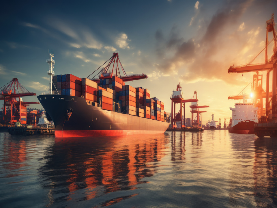 Busy shipping port with containers, trade in action.